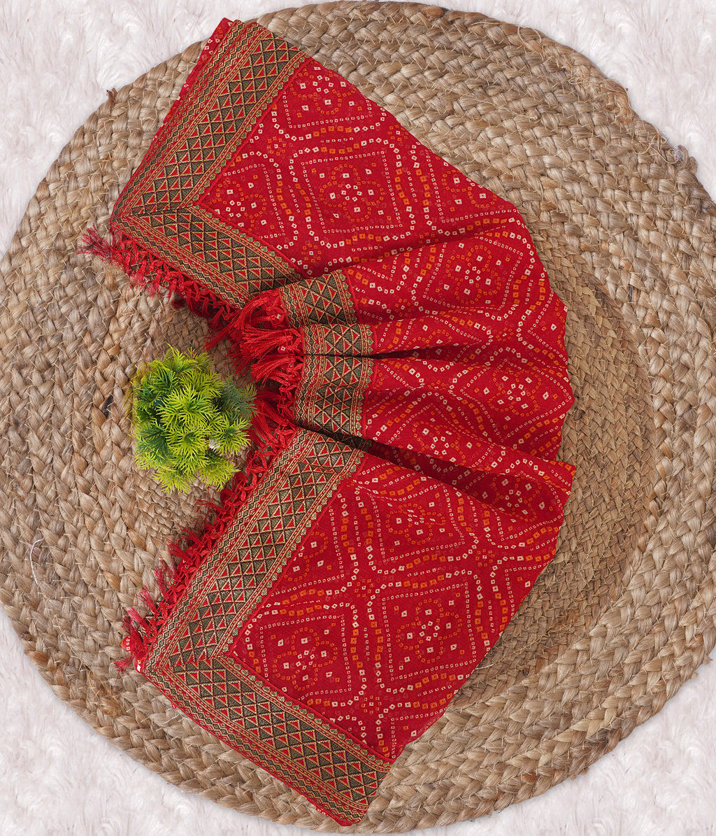 Red Printed Bandhani Georgette Saree
