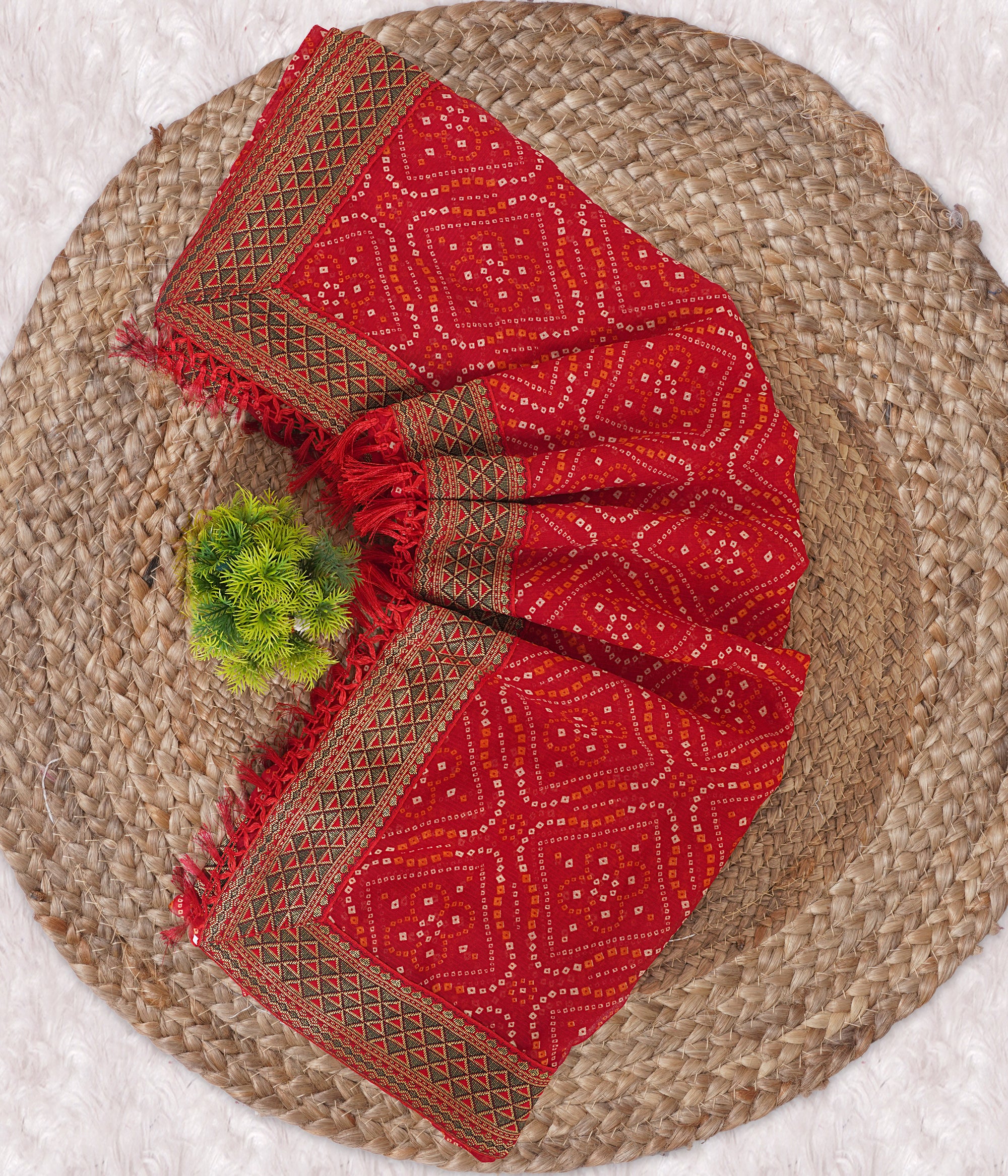 Red Printed Bandhani Georgette Saree
