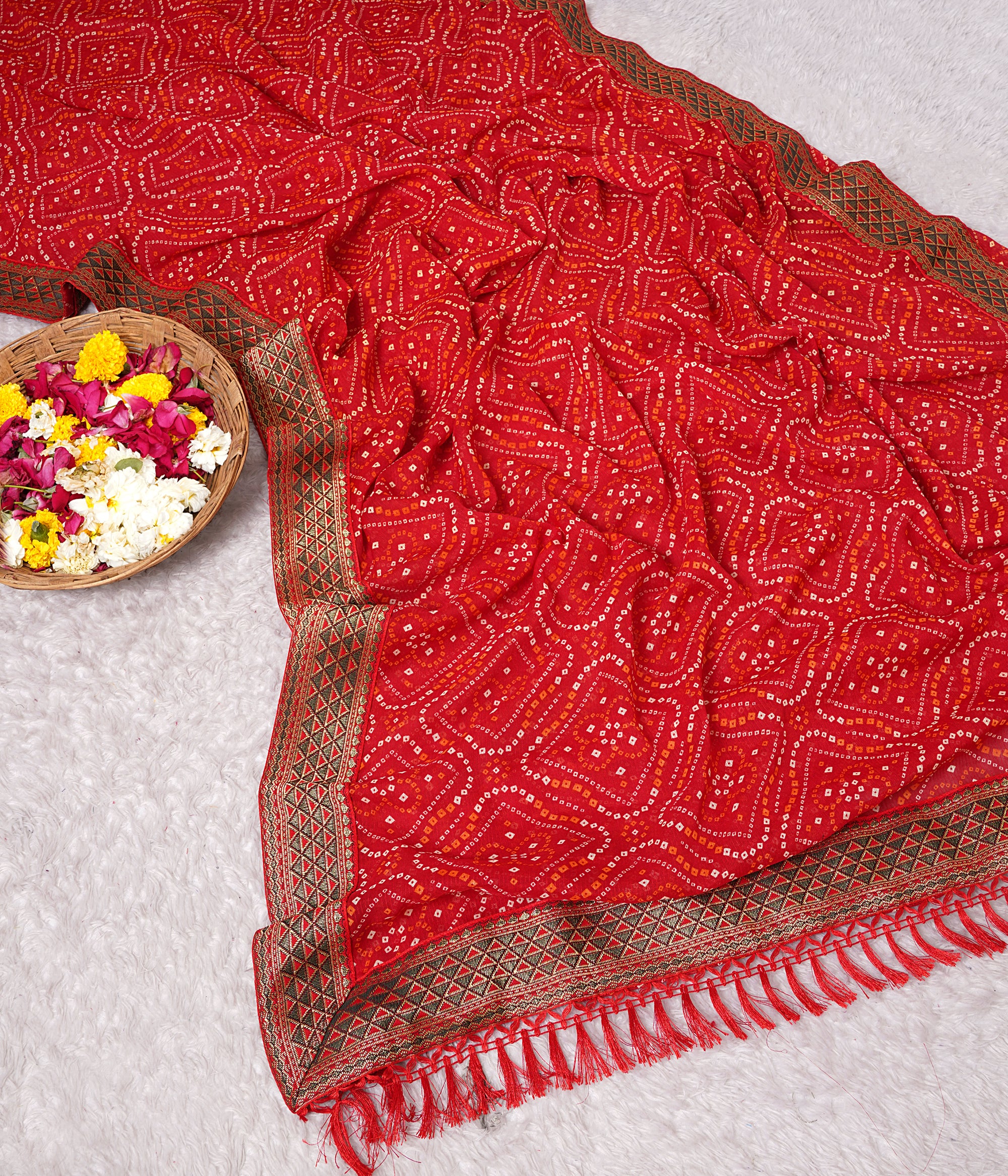 Red Printed Bandhani Georgette Saree