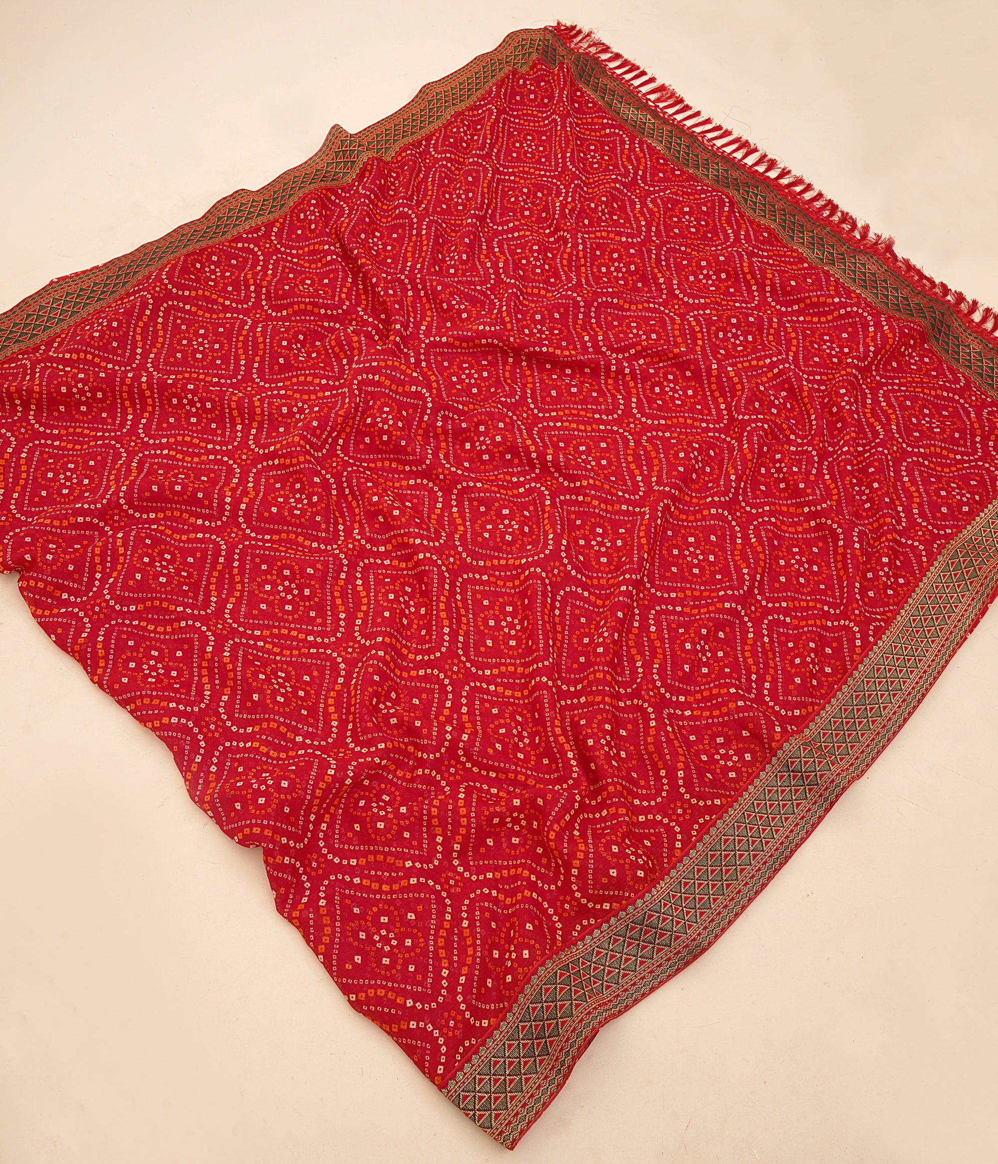 Red Printed Bandhani Georgette Saree