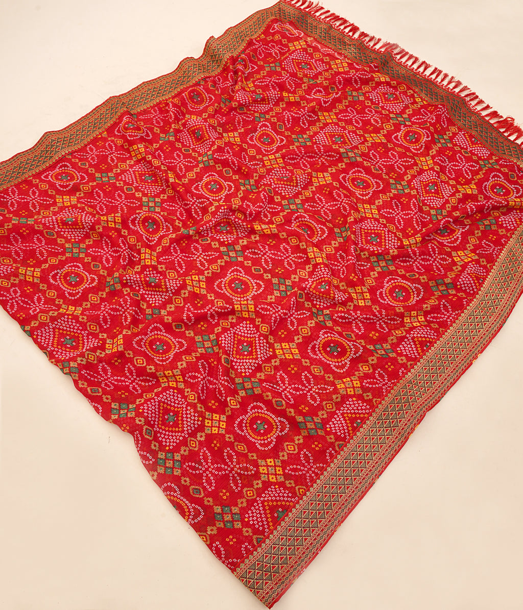 Premium Tomato Red Printed Bandhani Georgette Saree