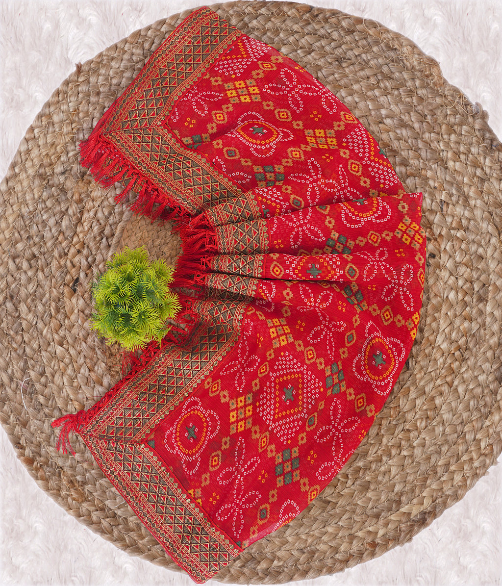 Premium Tomato Red Printed Bandhani Georgette Saree