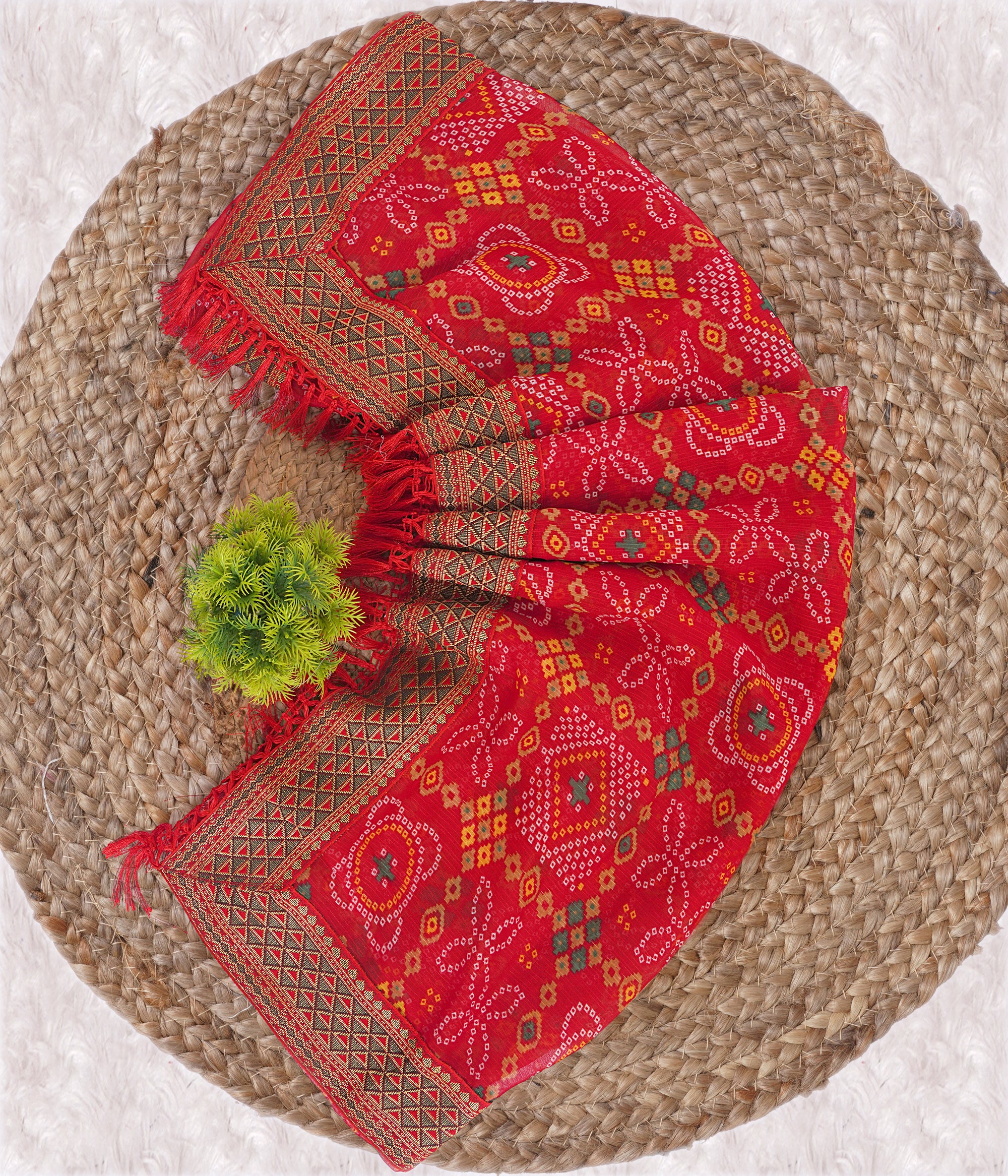 Premium Tomato Red Printed Bandhani Georgette Saree
