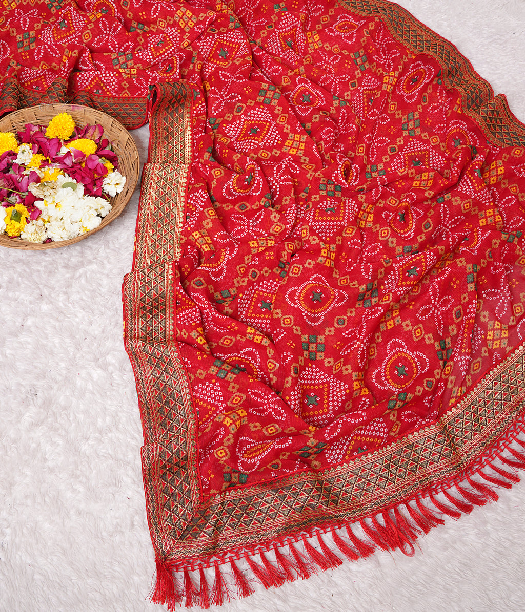 Premium Tomato Red Printed Bandhani Georgette Saree