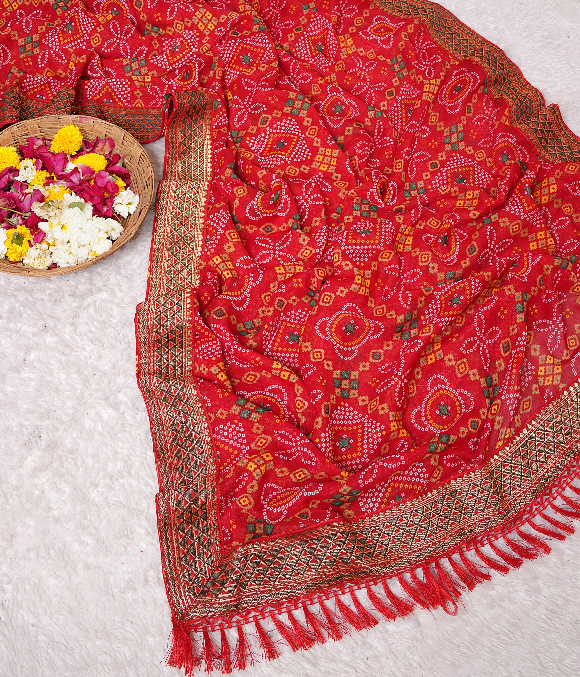 Premium Tomato Red Printed Bandhani Georgette Saree