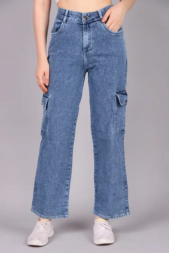 Women Ice Blue Cargo Stretchable Baggy Denim Jeans