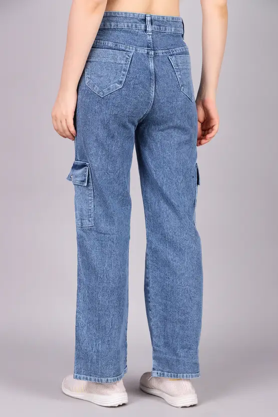 Women Ice Blue Cargo Stretchable Baggy Denim Jeans