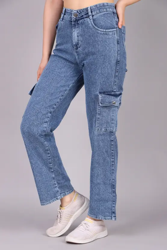 Women Ice Blue Cargo Stretchable Baggy Denim Jeans