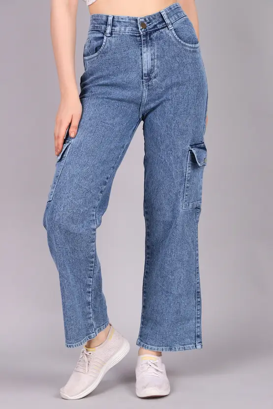 Women Ice Blue Cargo Stretchable Baggy Denim Jeans