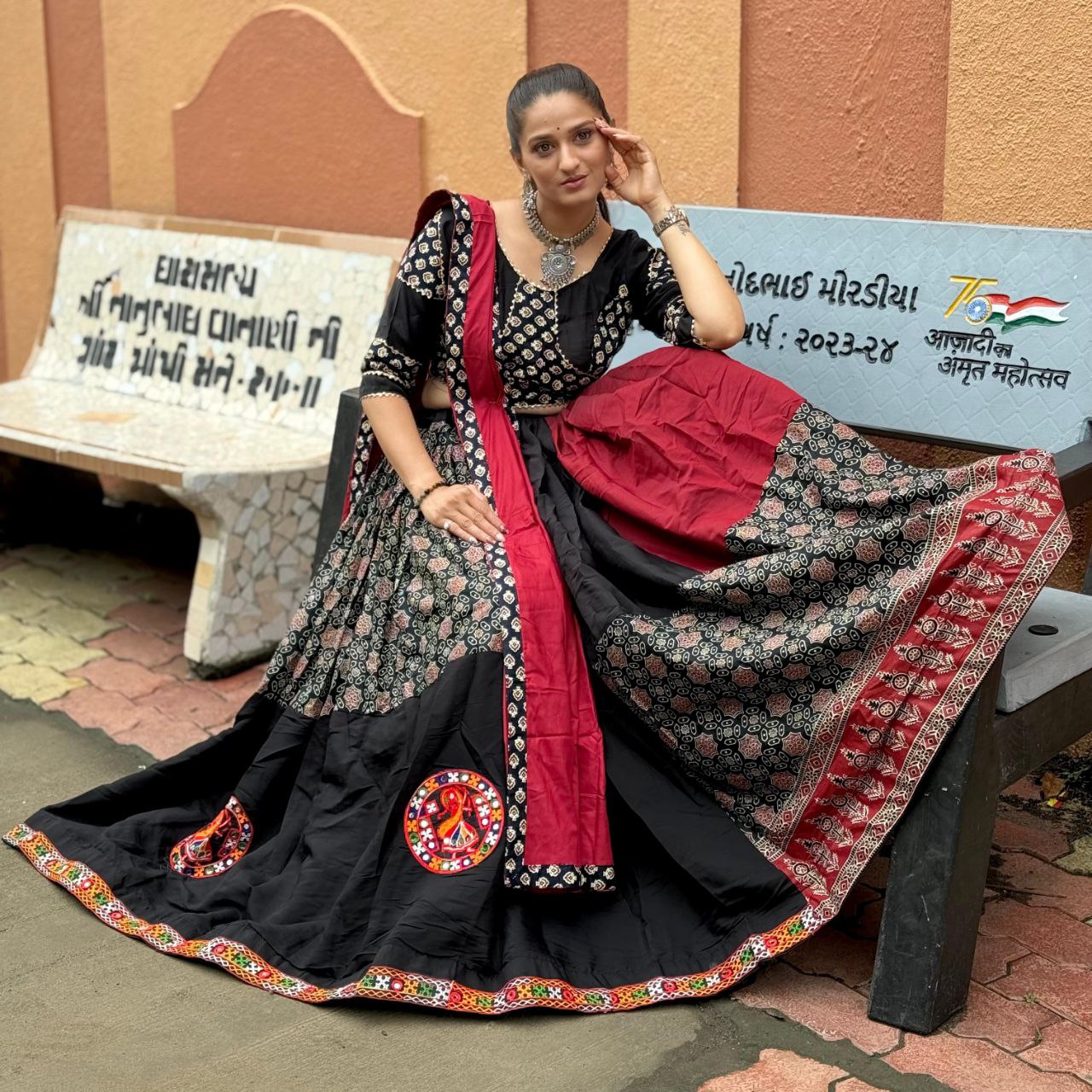 Silk Cotton Black Printed Ghamti Work Navratri Chaniya Choli