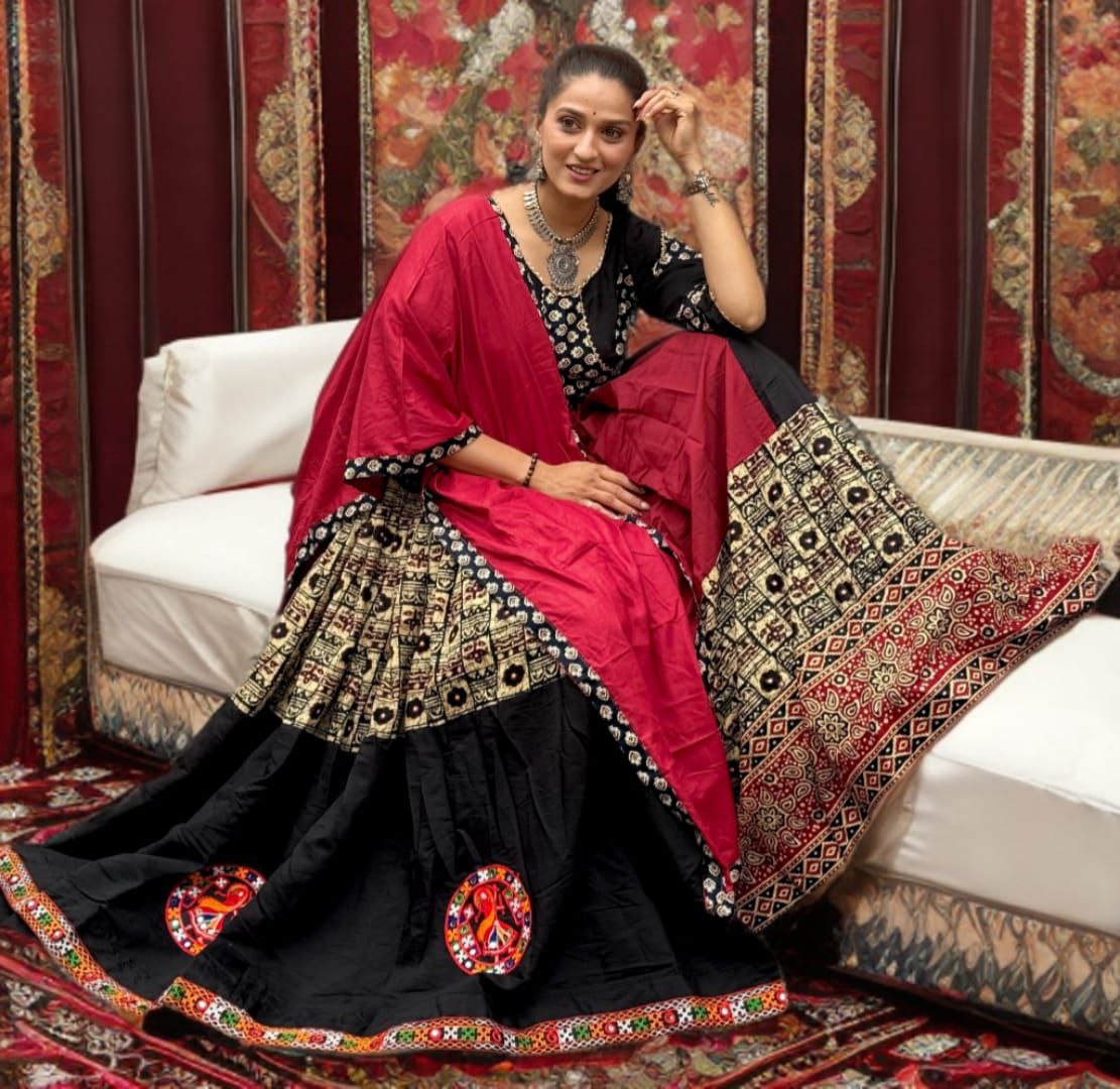 Silk Cotton Black Printed Ghamti Work Navratri Chaniya Choli