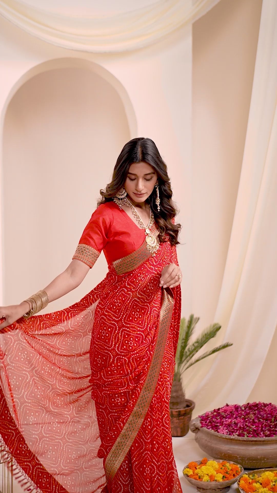 Red Printed Bandhani Georgette Saree