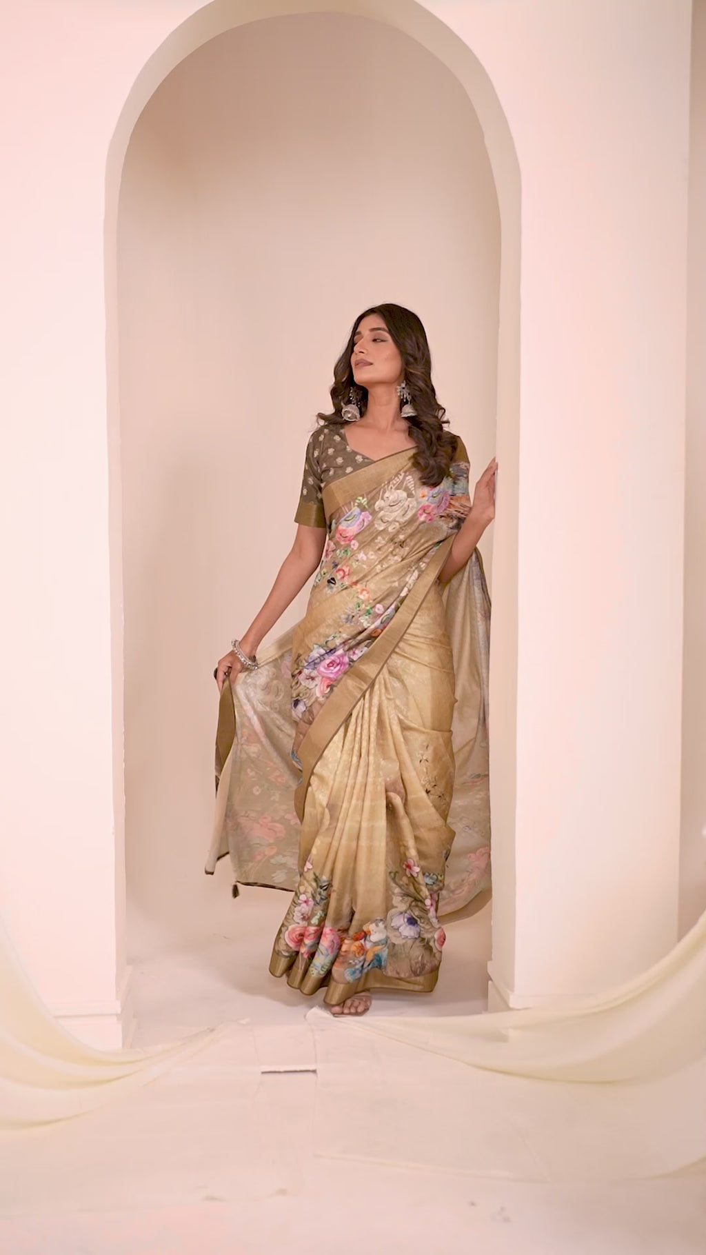 Green Floral Digital Printed Self Jacquard Saree