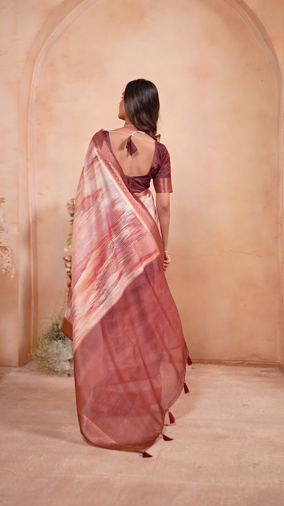 Rust Orange Tusser Silk Geomatric Digital Printed Saree