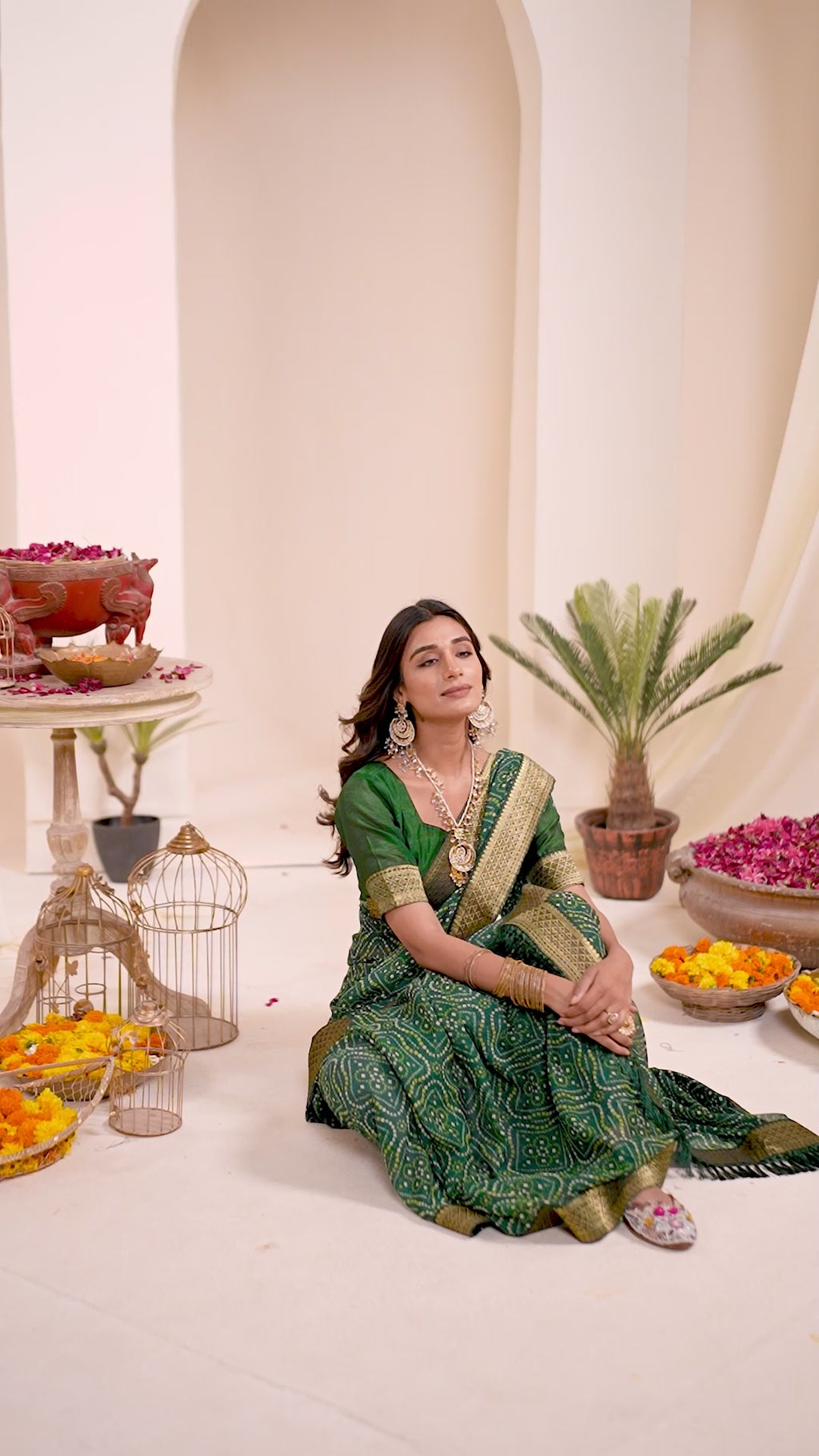 Premium Green Printed Bandhani Georgette Saree
