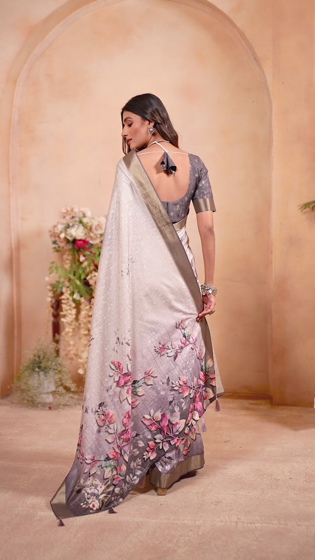 White Purple Digital Printed Self Jacquard Saree