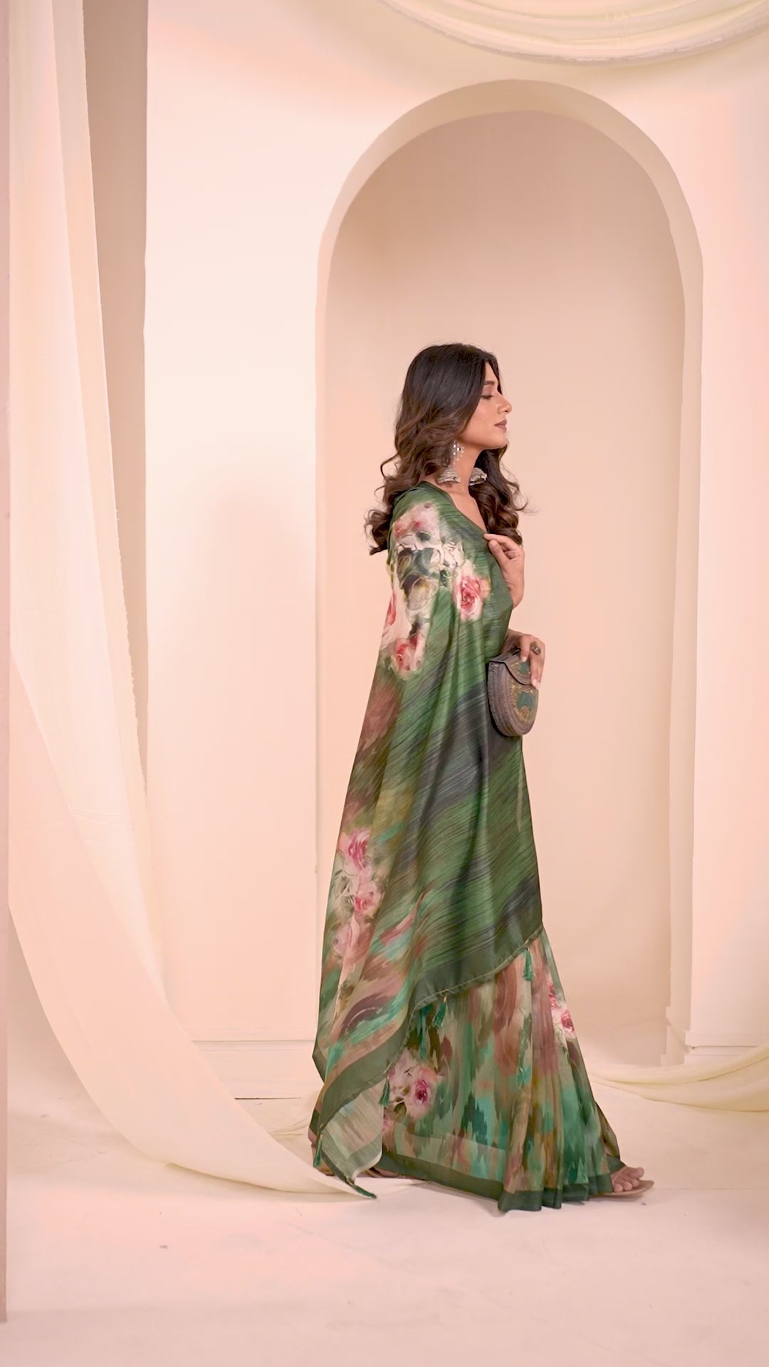Bottle Green Tusser Silk Floral Digital Printed Saree