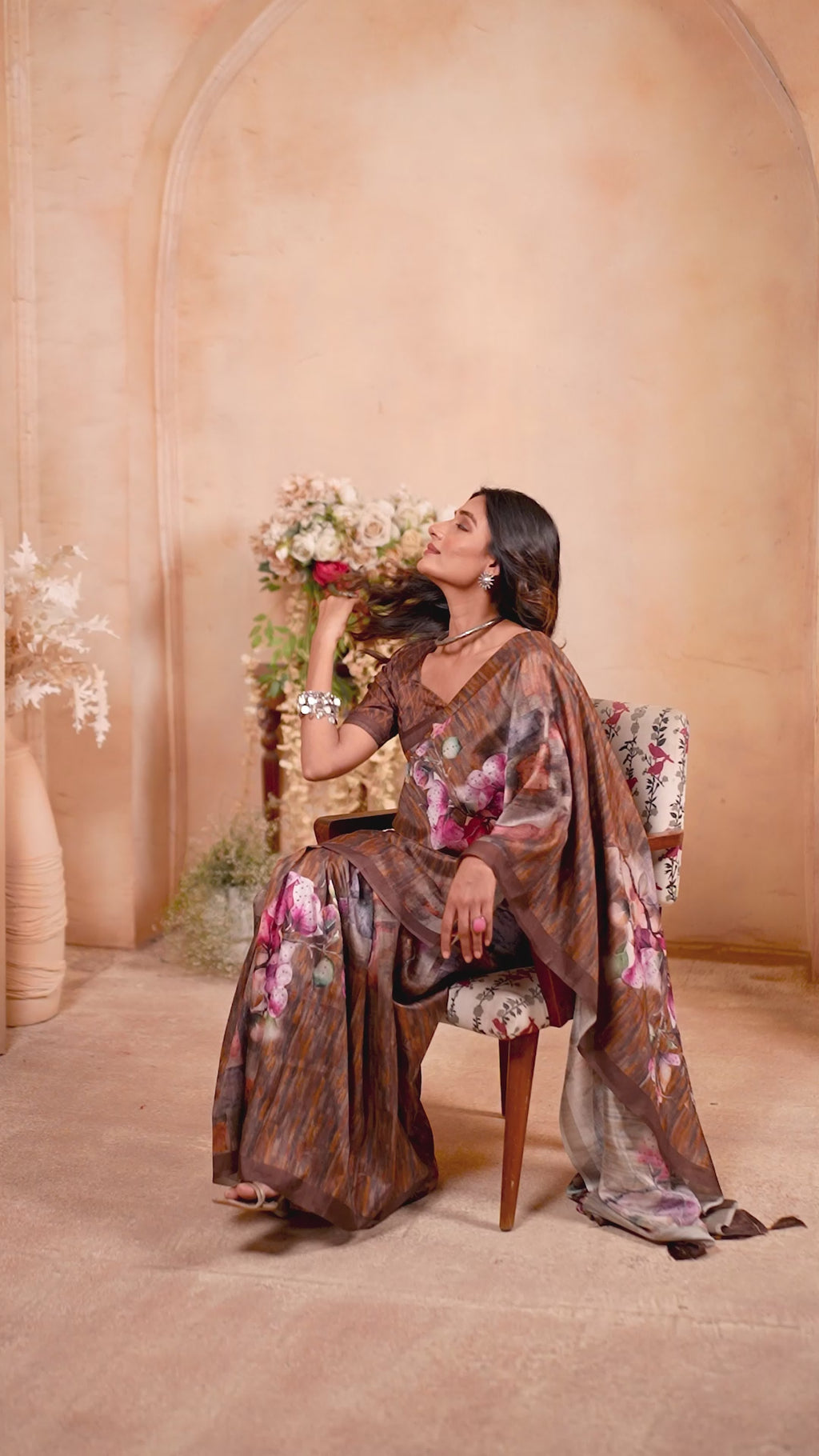 Coffee Tusser Silk Floral Digital Printed Saree