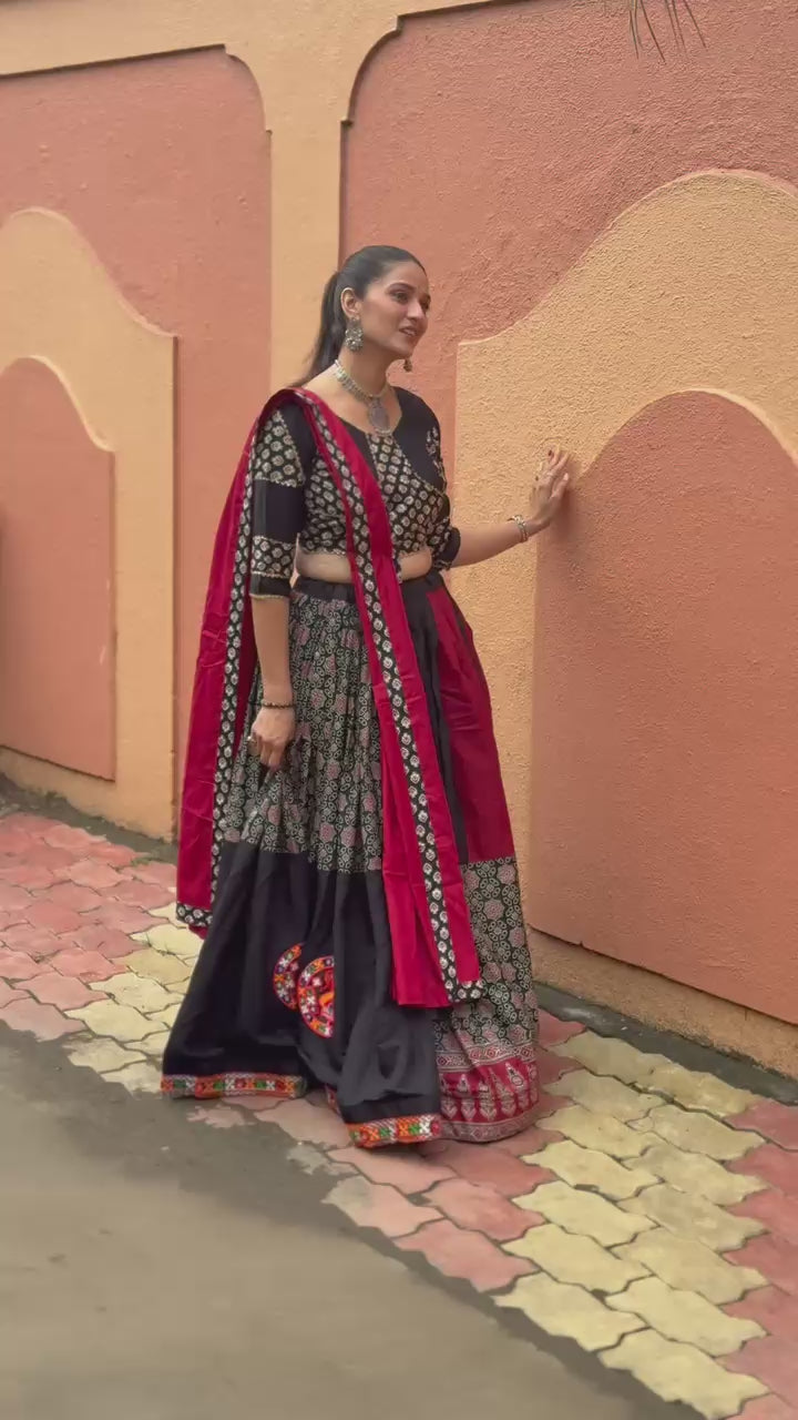 Silk Cotton Black Printed Ghamti Work Navratri Chaniya Choli