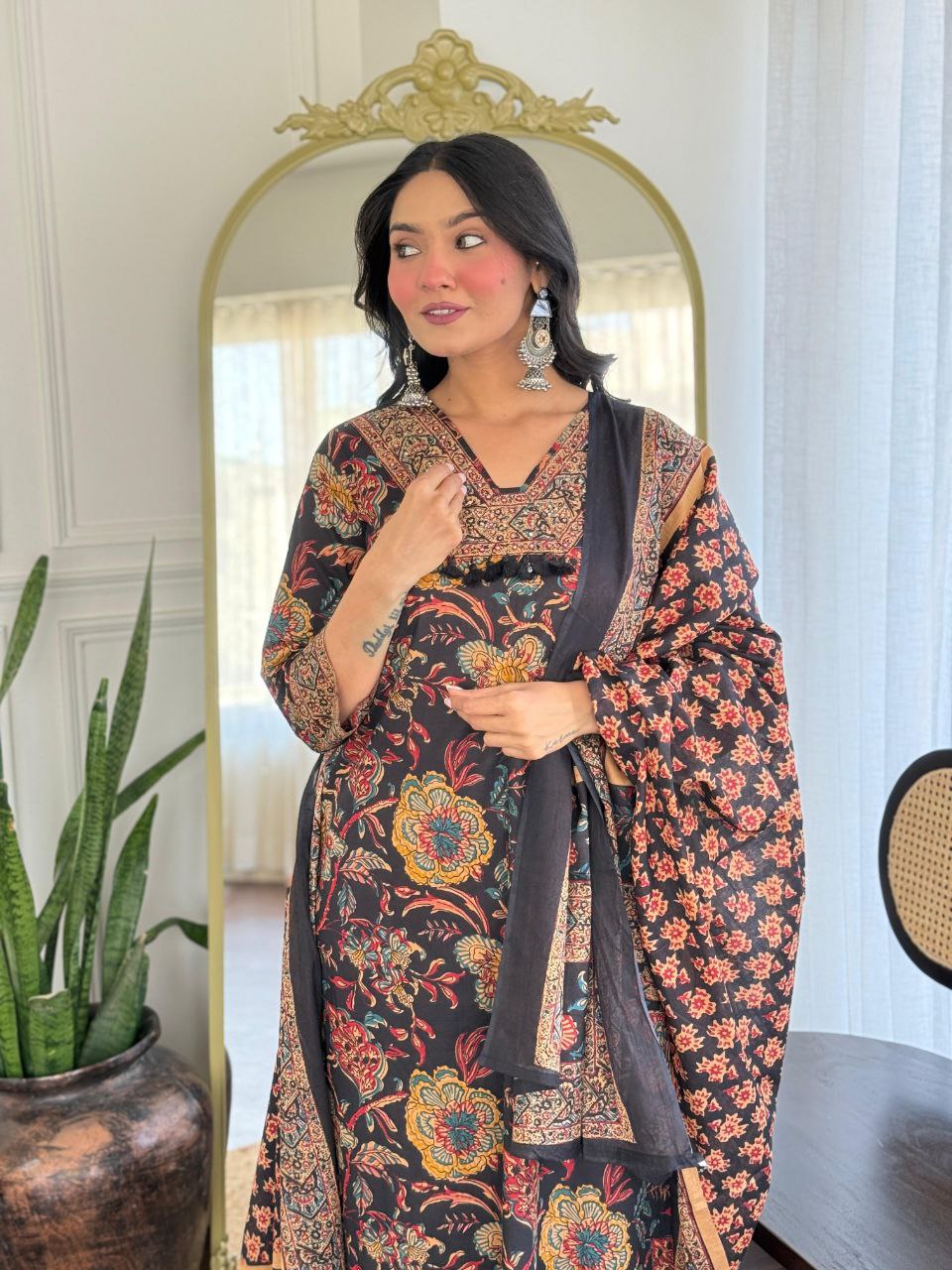 Designer Black Multi Cotton Kurti Pant Dupatta Set