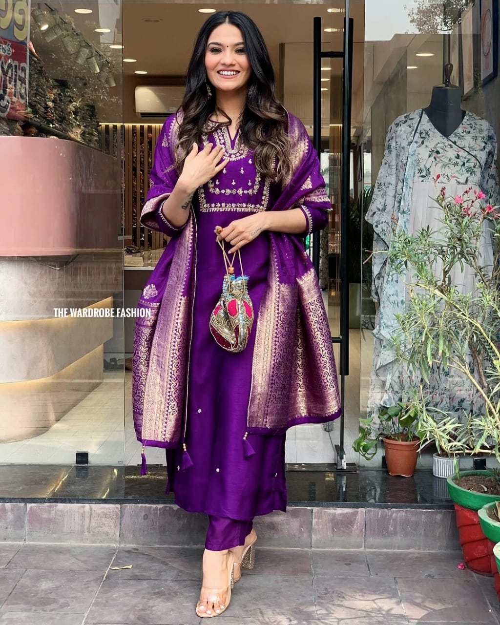 Heavy Purple Embroidered Roman Silk Kurti Set