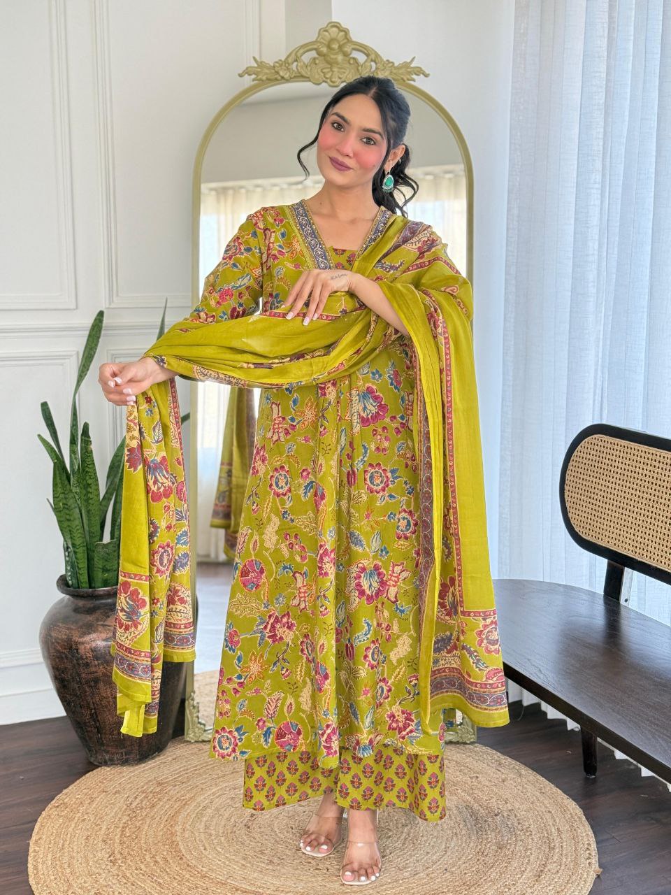 V-Neck Floral Green Cotton Kurti Pant Dupatta Set