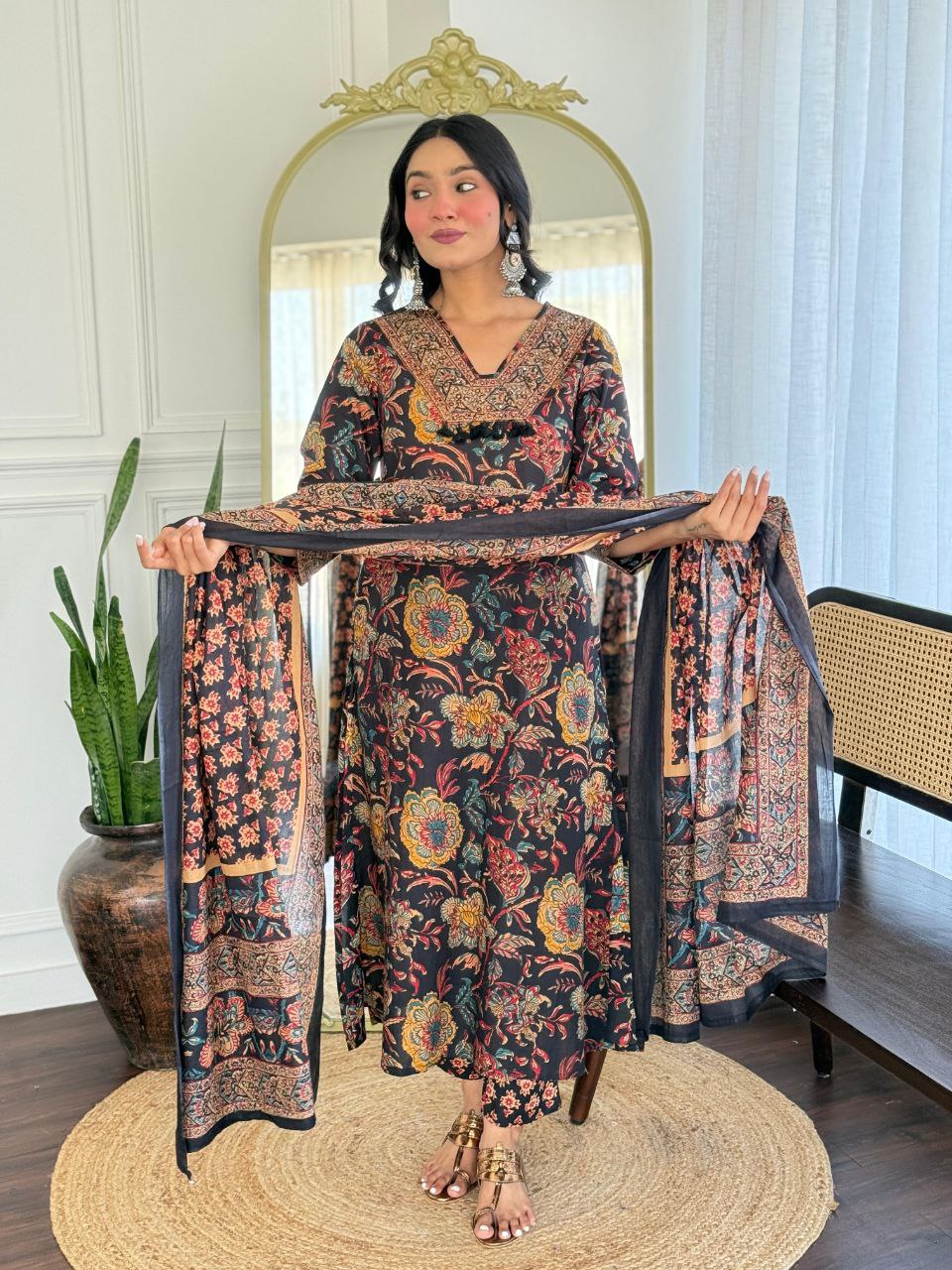Designer Black Multi Cotton Kurti Pant Dupatta Set
