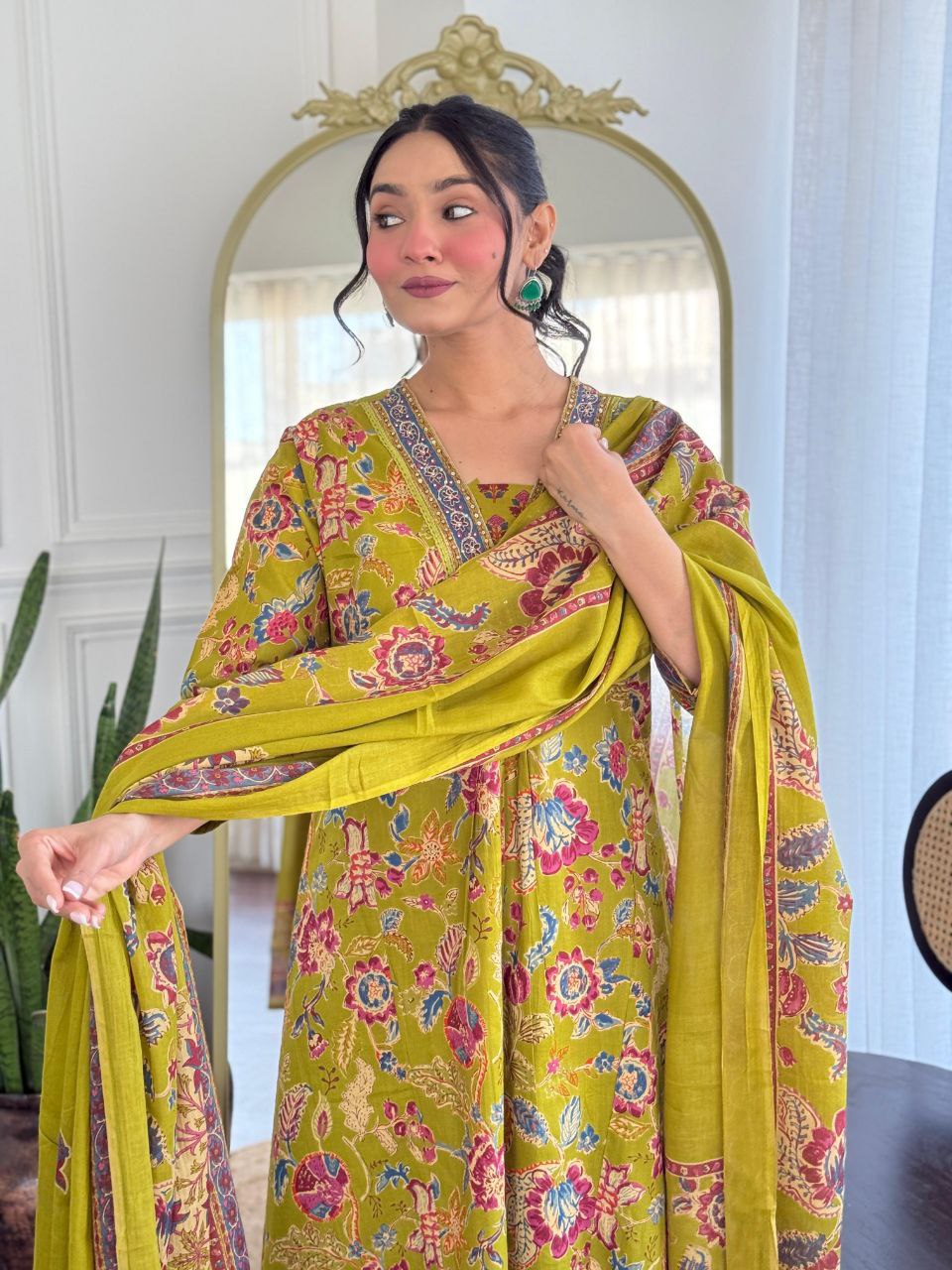 V-Neck Floral Green Cotton Kurti Pant Dupatta Set