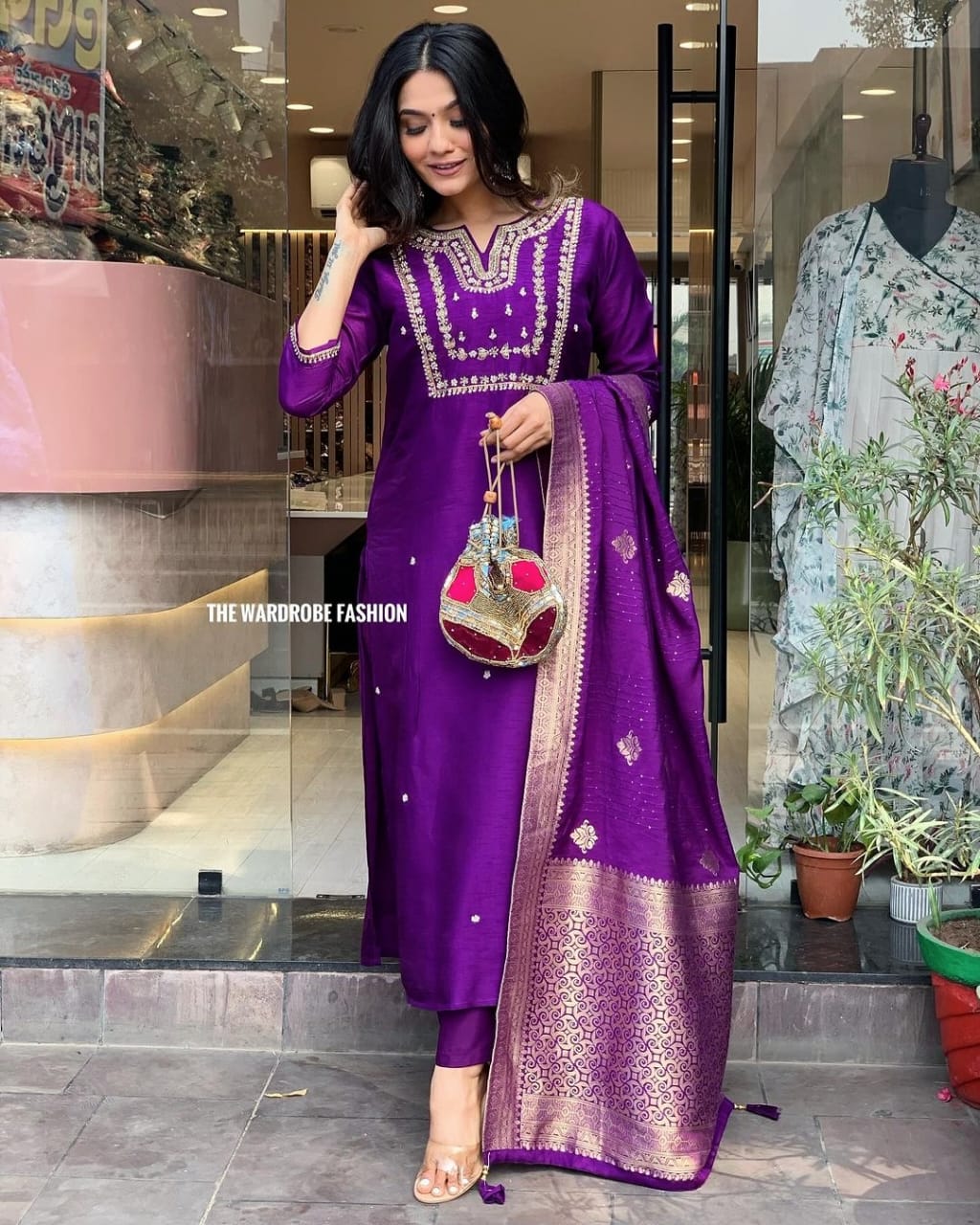 Heavy Purple Embroidered Roman Silk Kurti Set